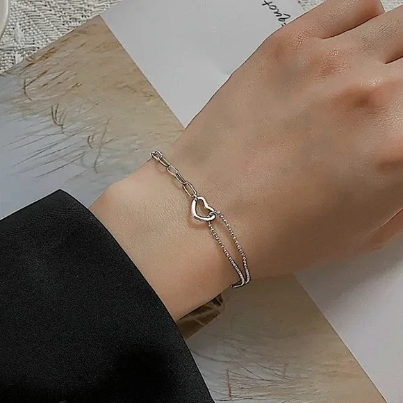 Sterling Silver Minimalist Heart Bracelet, Irregular, Geometric, Dainty,… - Picture 3 of 7